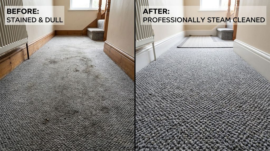 Before and after professional carpet cleaning Wakefield results