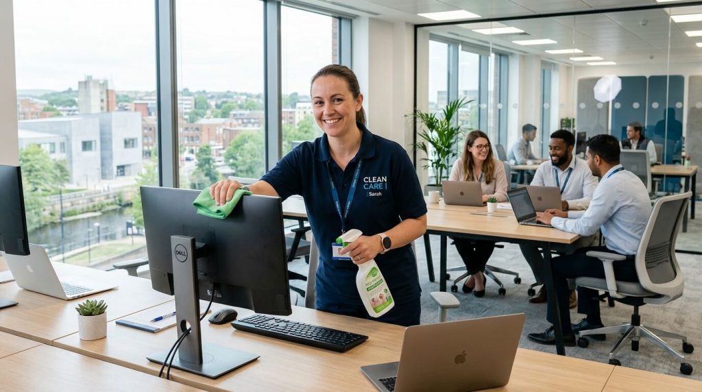 Professional commercial cleaners sanitizing a modern Wakefield office workspace