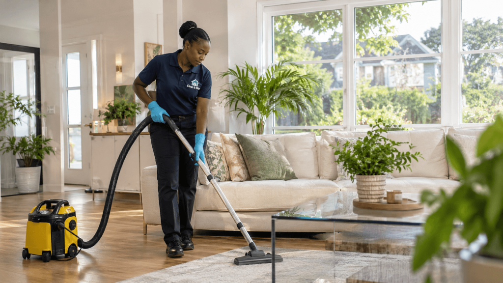 Professional cleaner performing a deep clean in a bright Wakefield home living room