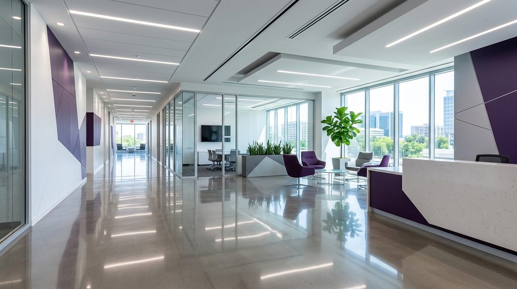 Modern commercial building interior with polished floors following professional specialist cleaning services.