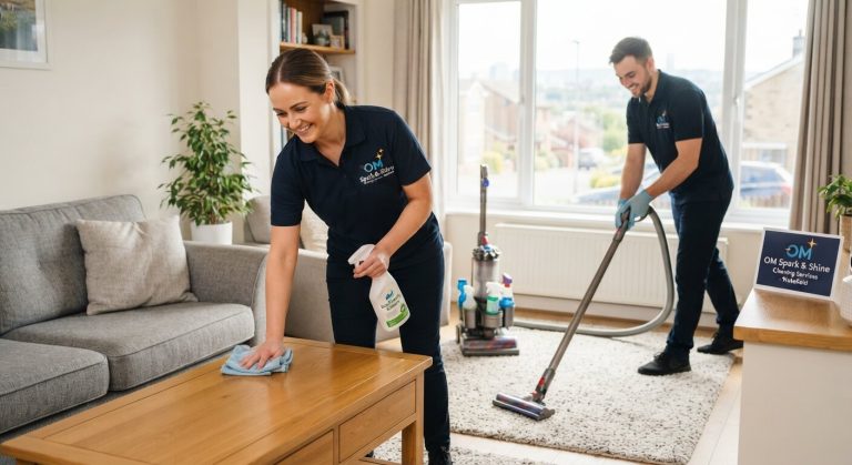 Two professional cleaners in branded navy blue uniforms from OM Spark & Shine Cleaning Services working in a bright, tidy Wakefield living room; a woman wipes a wooden coffee table in the foreground while a man vacuums the carpet in the background, with a view of the Wakefield area visible through a large window.