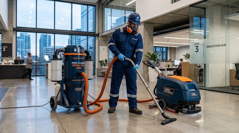 Specialist cleaning technician in protective gear using industrial HEPA equipment in a commercial facility.
