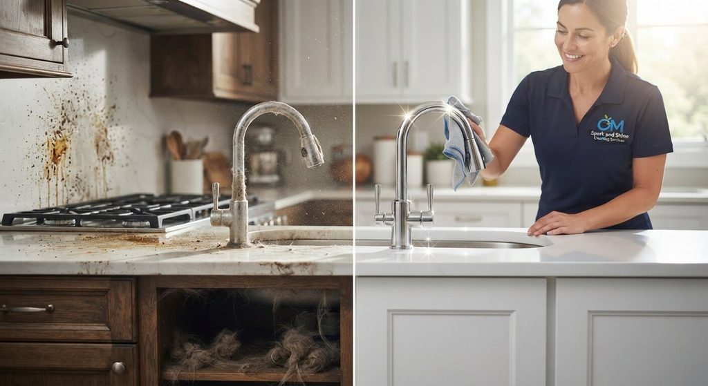 Split comparison image showing a grimy, uncleaned kitchen sink on the left versus a professional cleaner wiping down a sparkling clean kitchen faucet on the right.