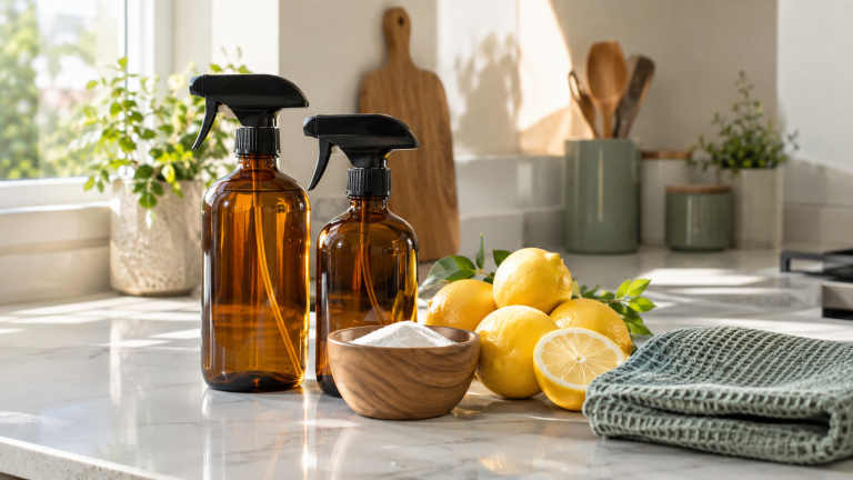 Reusable glass spray bottles, baking soda, and fresh lemons on a clean kitchen counter for an eco-friendly cleaning guide.