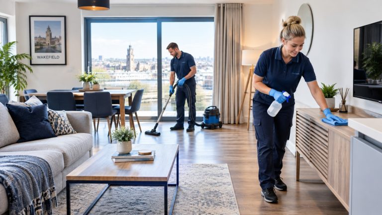 Professional Airbnb cleaning Wakefield service cleaning a modern holiday rental, with cleaners vacuuming and wiping surfaces to prepare the property for guests.